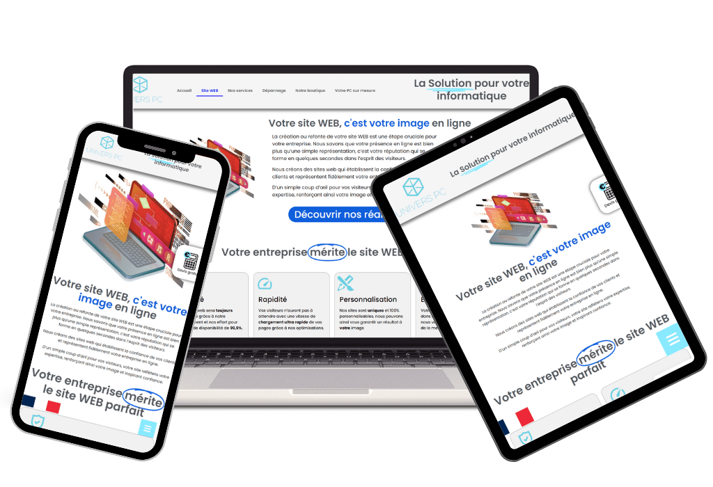 un smartphone, une tablette, et un ordinateur sur lequel sont affichés le même site, pour montrer ce qu'est un site responsive