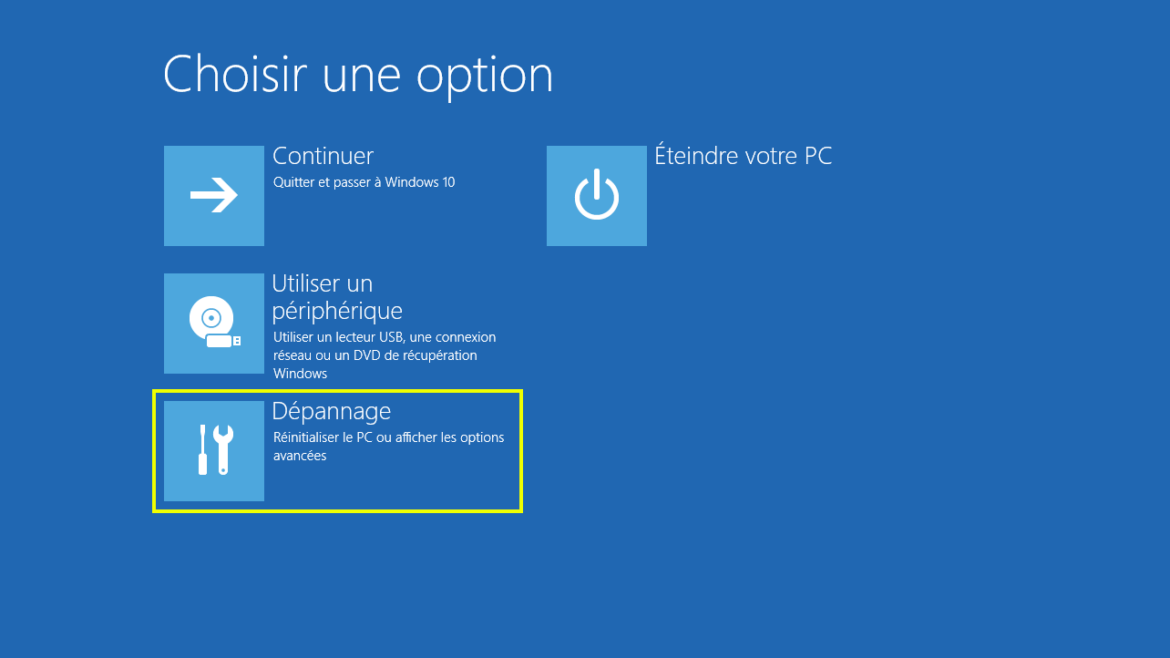 écran bleu de windows avec l'option dépannage