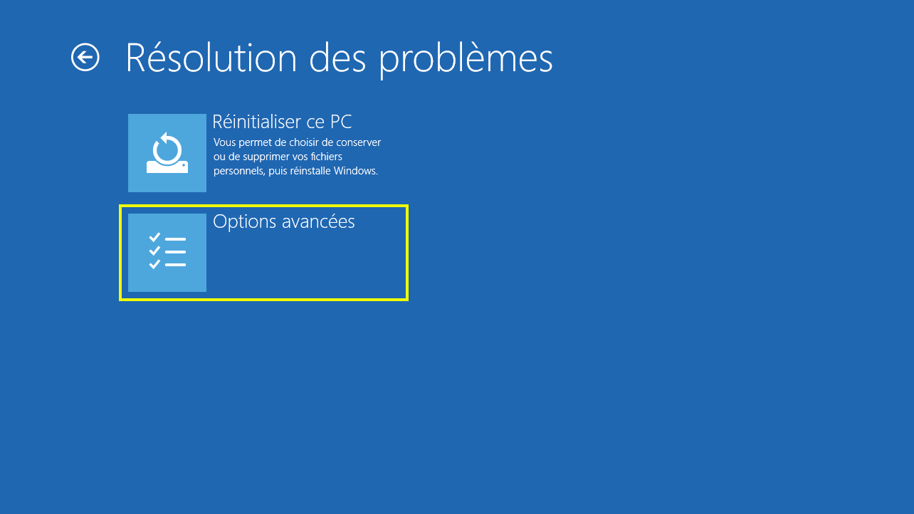 écran bleu de windows avec le bouton options avancées