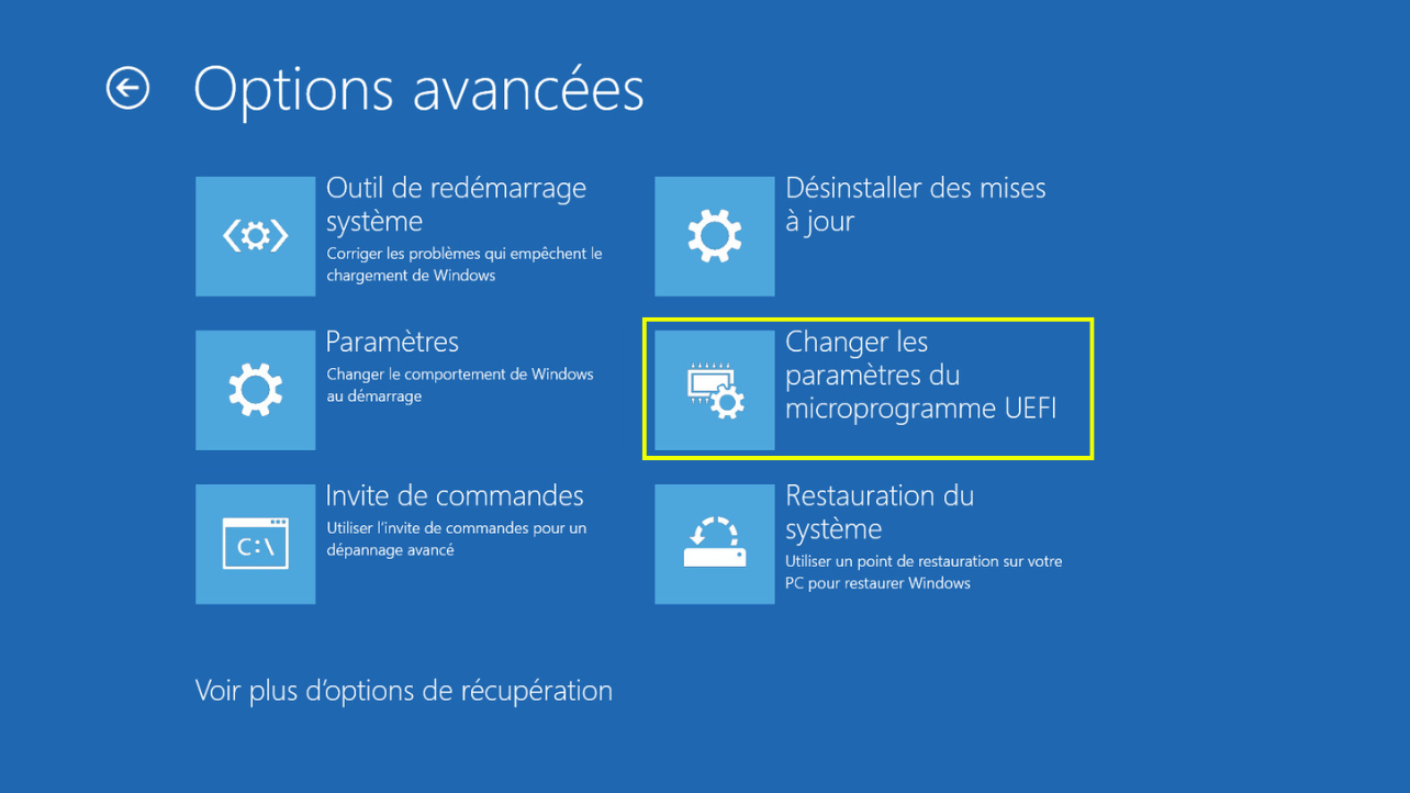 écran bleu de windows avec le bouton changer les paramètres du microprogramme UEFI
