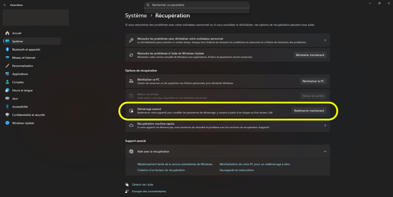 Accéder au démarrage avancé depuis les options windows