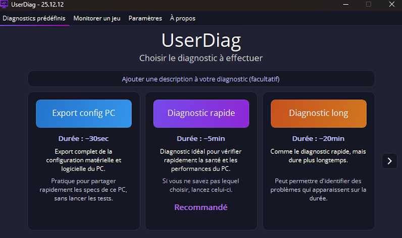 Interface de diagnostic UserDiag sur PC Windows